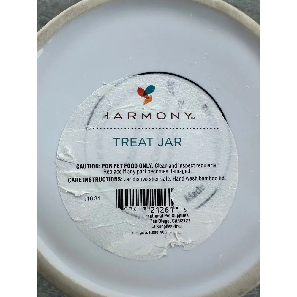 Harmony White Ceramic Pet Treat Jar with Bamboo Lid Live Love Eat Treats 6 inch